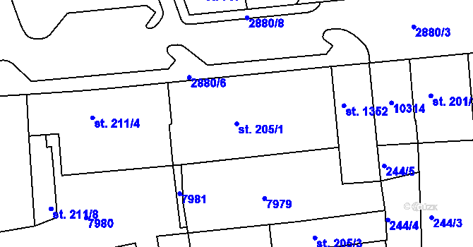 Parcela st. 205/1 v KÚ Hodonín, Katastrální mapa