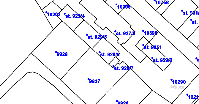Parcela st. 929/6 v KÚ Hodonín, Katastrální mapa