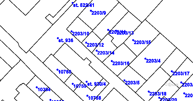 Parcela st. 2203/14 v KÚ Hodonín, Katastrální mapa