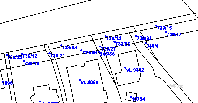 Parcela st. 945/35 v KÚ Hodonín, Katastrální mapa