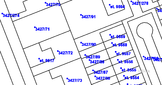 Parcela st. 3427/90 v KÚ Hodonín, Katastrální mapa