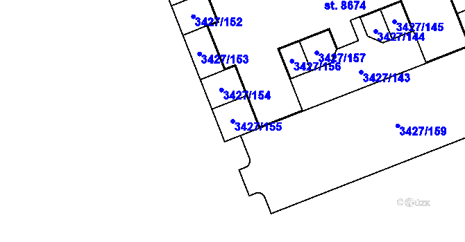 Parcela st. 3427/155 v KÚ Hodonín, Katastrální mapa