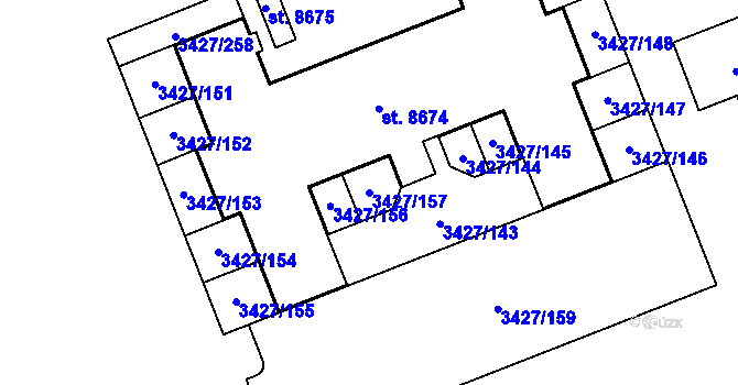 Parcela st. 3427/157 v KÚ Hodonín, Katastrální mapa