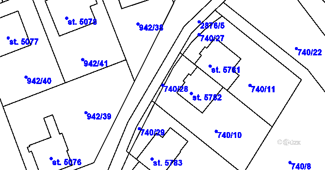 Parcela st. 740/28 v KÚ Hodonín, Katastrální mapa