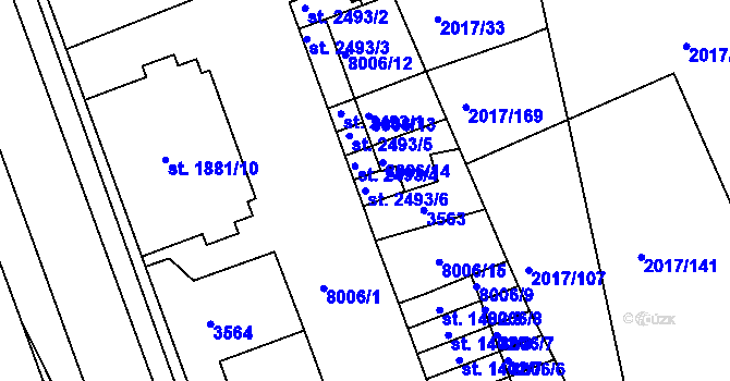 Parcela st. 2493/6 v KÚ Hodonín, Katastrální mapa