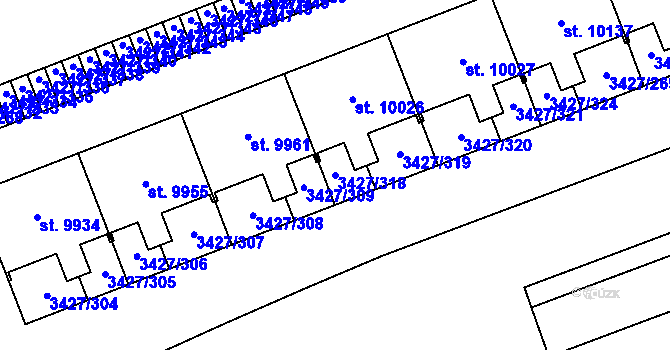 Parcela st. 3427/318 v KÚ Hodonín, Katastrální mapa