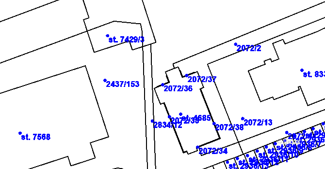 Parcela st. 2072/36 v KÚ Hodonín, Katastrální mapa