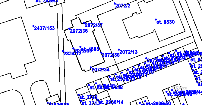 Parcela st. 2072/38 v KÚ Hodonín, Katastrální mapa