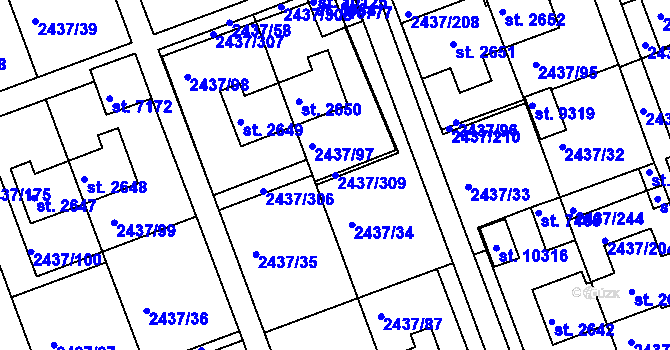 Parcela st. 2437/309 v KÚ Hodonín, Katastrální mapa