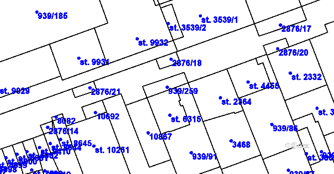 Parcela st. 939/259 v KÚ Hodonín, Katastrální mapa