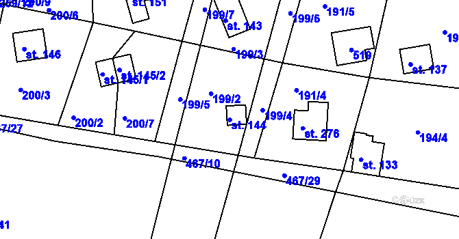 Parcela st. 144 v KÚ Hoješín, Katastrální mapa