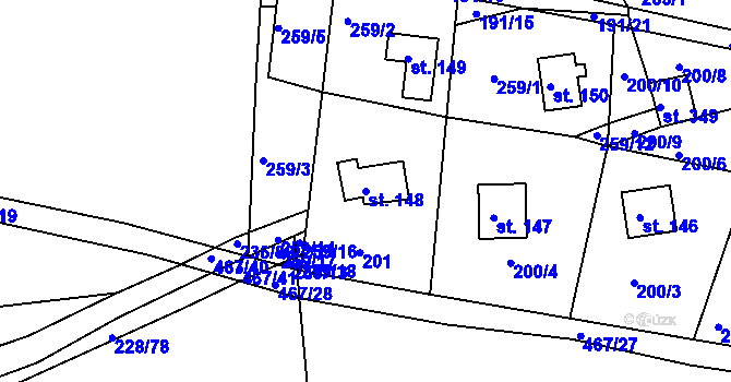 Parcela st. 148 v KÚ Hoješín, Katastrální mapa