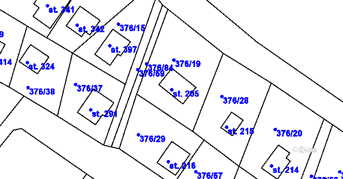Parcela st. 205 v KÚ Hoješín, Katastrální mapa