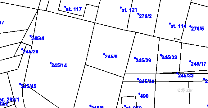 Parcela st. 245/9 v KÚ Hoješín, Katastrální mapa