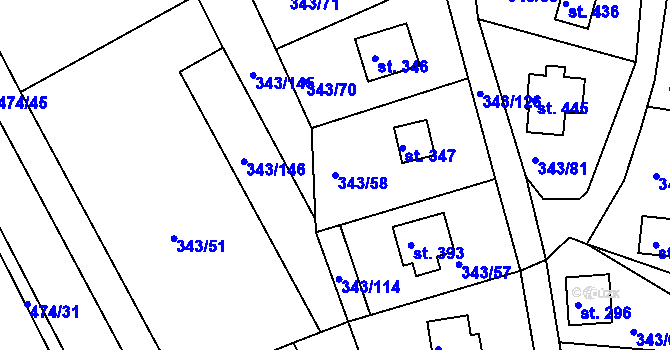 Parcela st. 343/58 v KÚ Hoješín, Katastrální mapa