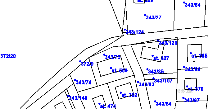 Parcela st. 343/75 v KÚ Hoješín, Katastrální mapa