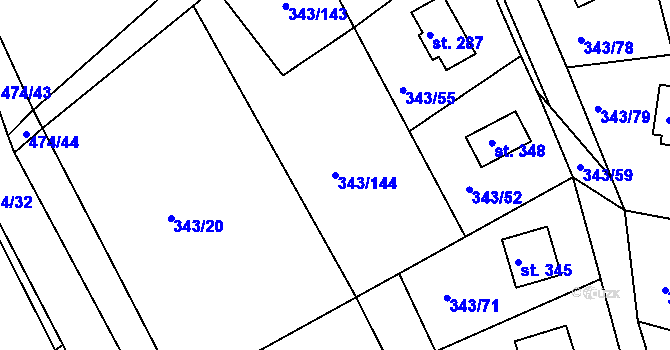 Parcela st. 343/144 v KÚ Hoješín, Katastrální mapa