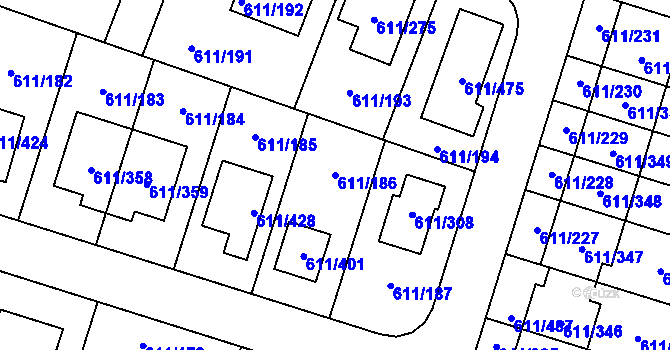Parcela st. 611/186 v KÚ Holasice, Katastrální mapa