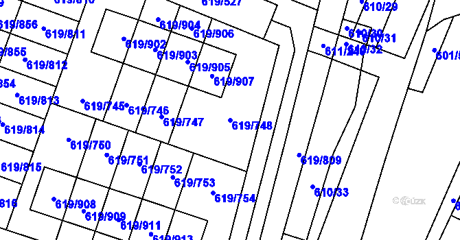 Parcela st. 619/748 v KÚ Holasice, Katastrální mapa