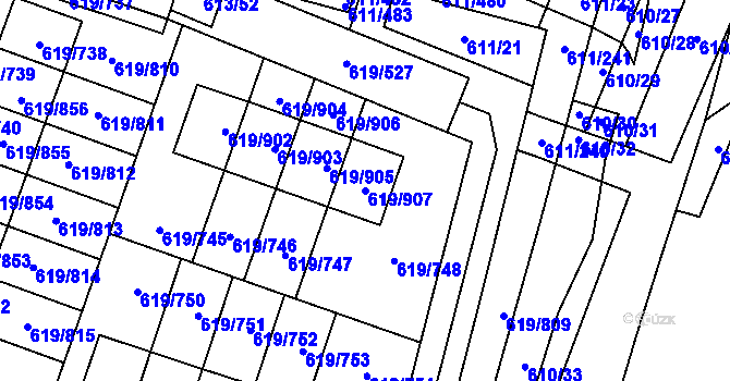 Parcela st. 619/907 v KÚ Holasice, Katastrální mapa