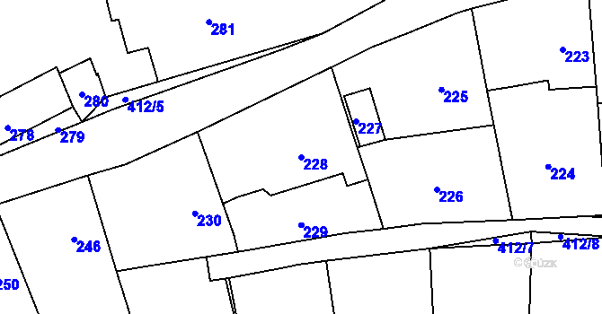 Parcela st. 228 v KÚ Loděnice, Katastrální mapa