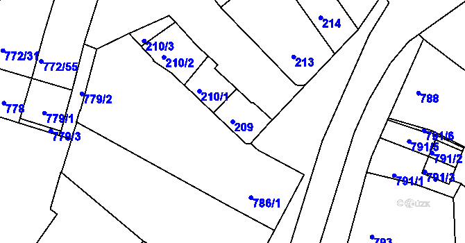 Parcela st. 209 v KÚ Holešov, Katastrální mapa