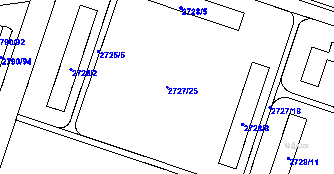 Parcela st. 2727/25 v KÚ Holešov, Katastrální mapa