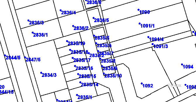 Parcela st. 2835/7 v KÚ Holešov, Katastrální mapa