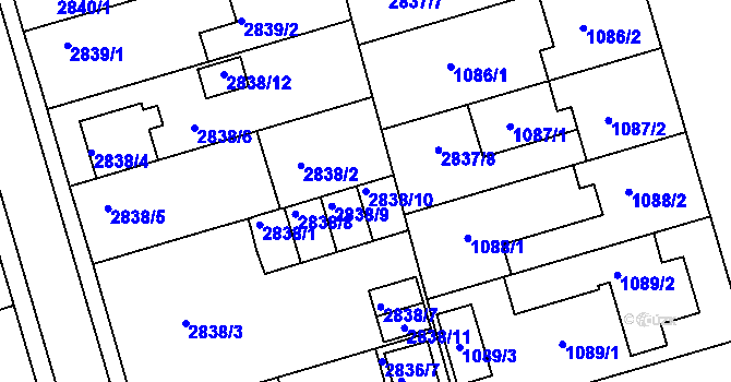 Parcela st. 2838/10 v KÚ Holešov, Katastrální mapa