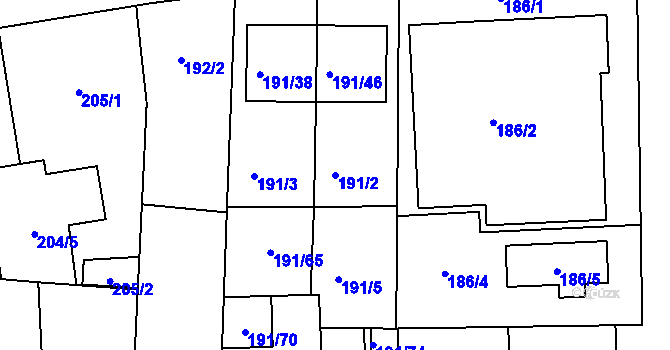 Parcela st. 191/2 v KÚ Všetuly, Katastrální mapa