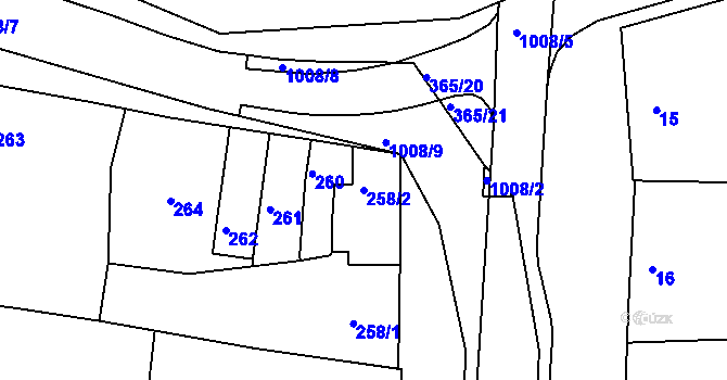 Parcela st. 258/2 v KÚ Všetuly, Katastrální mapa