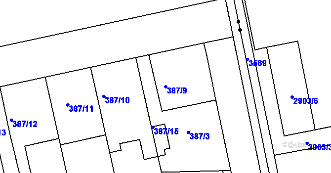 Parcela st. 387/9 v KÚ Všetuly, Katastrální mapa