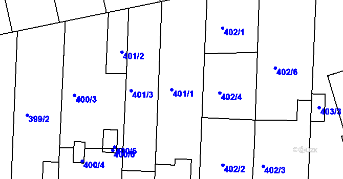 Parcela st. 401/1 v KÚ Všetuly, Katastrální mapa