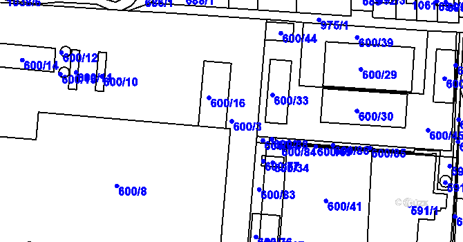 Parcela st. 600/3 v KÚ Všetuly, Katastrální mapa