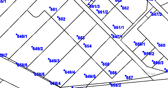 Parcela st. 654 v KÚ Všetuly, Katastrální mapa