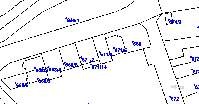 Parcela st. 671/4 v KÚ Všetuly, Katastrální mapa