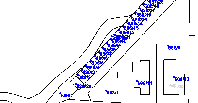 Parcela st. 686/7 v KÚ Všetuly, Katastrální mapa