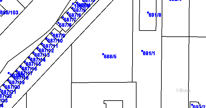 Parcela st. 688/5 v KÚ Všetuly, Katastrální mapa