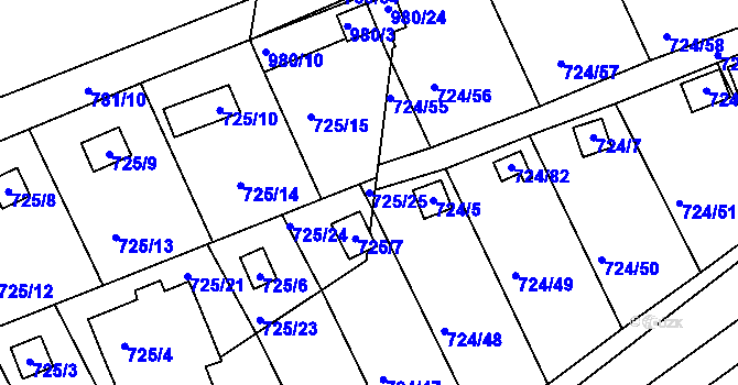 Parcela st. 725/25 v KÚ Všetuly, Katastrální mapa