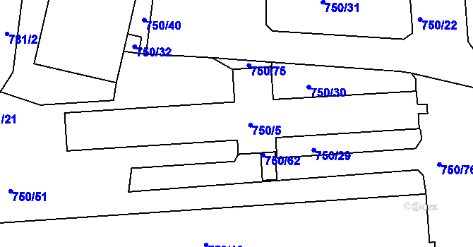 Parcela st. 750/5 v KÚ Všetuly, Katastrální mapa