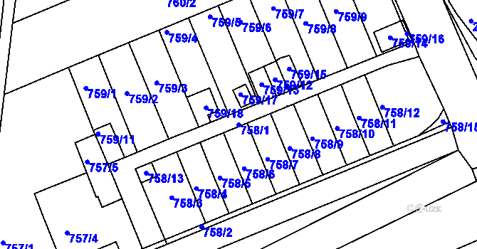 Parcela st. 758/1 v KÚ Všetuly, Katastrální mapa