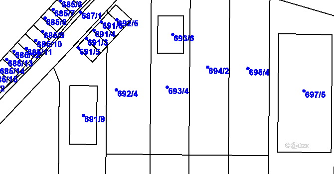 Parcela st. 693/4 v KÚ Všetuly, Katastrální mapa