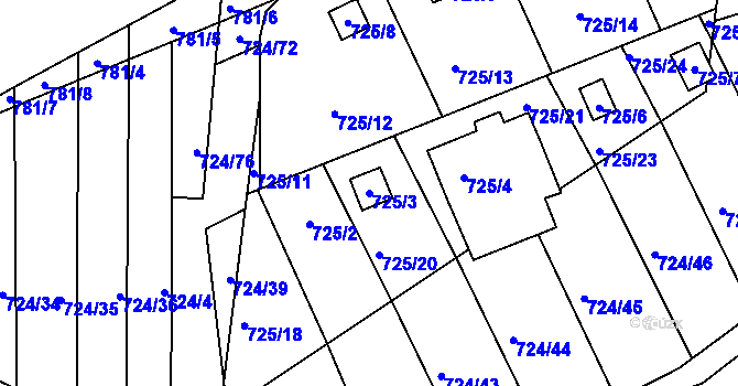 Parcela st. 725/3 v KÚ Všetuly, Katastrální mapa
