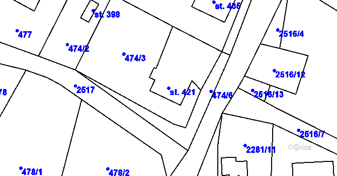 Parcela st. 421 v KÚ Holetín, Katastrální mapa