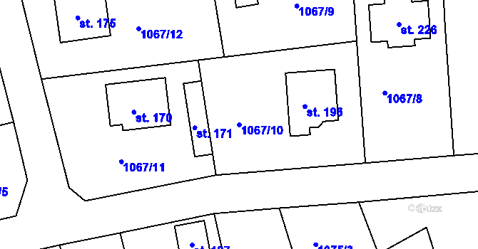 Parcela st. 1067/10 v KÚ Těškov, Katastrální mapa