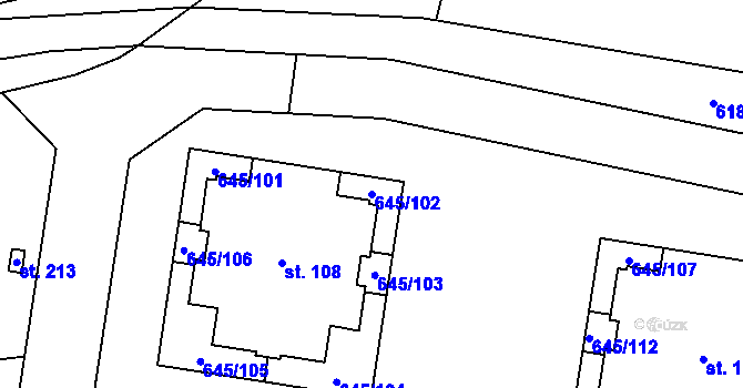 Parcela st. 645/102 v KÚ Kozinec, Katastrální mapa