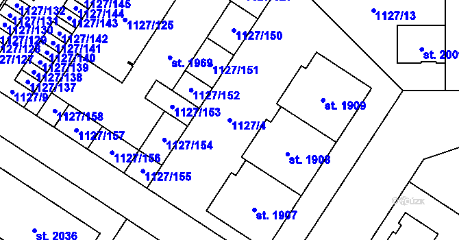 Parcela st. 1127/4 v KÚ Holýšov, Katastrální mapa