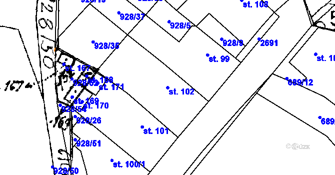 Parcela st. 102 v KÚ Honezovice, Katastrální mapa