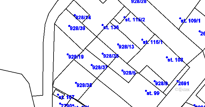 Parcela st. 928/38 v KÚ Honezovice, Katastrální mapa