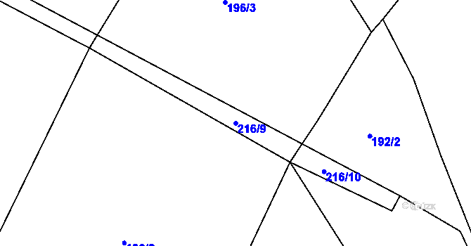 Parcela st. 216/9 v KÚ Horky, Katastrální mapa